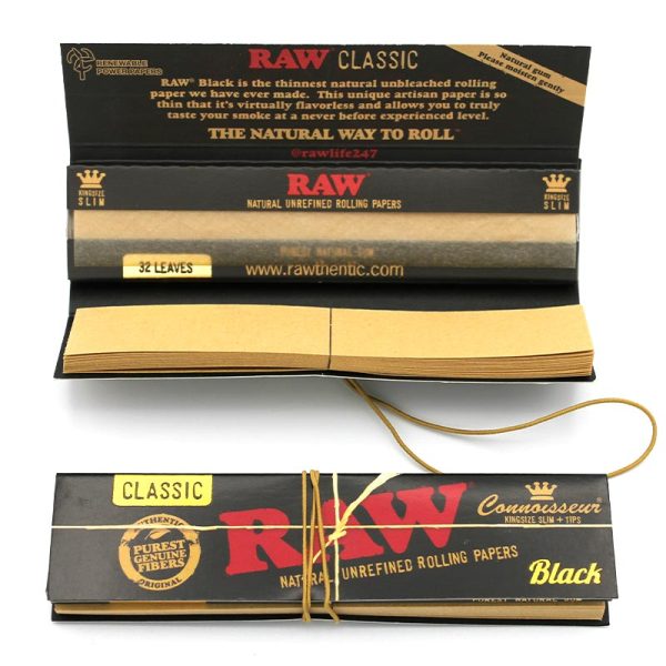 Großhandel RAW Black Connoisseur Papers King Size Slim Box 24 Hefta á 32 Blatt + Tips